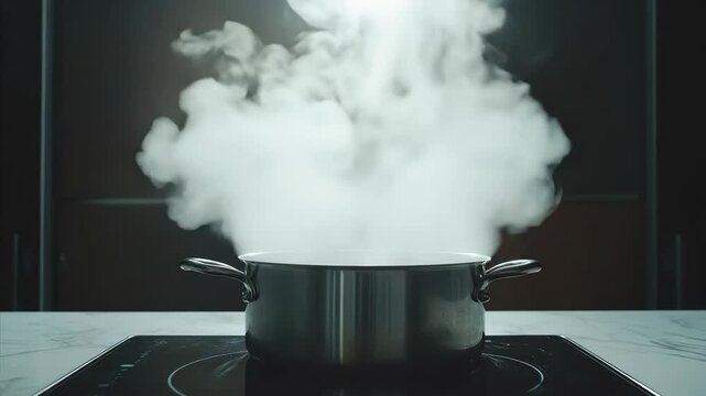 A pot boiling with rising steam on an induction cooktop, illustrating cooking process and kitchen appliance use.