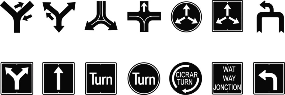 Comprehensive collection of black minimalist road sign icons and traffic direction symbols featuring turn indicators roundabouts junctions and highway navigation markers for urban planning.