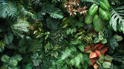 A lush vertical garden showcases a vibrant collection of tropical plants including monstera leaves and other diverse foliage creating a stunning natural wall display. © MasTPX