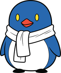 Obraz premium Cute blue penguin cartoon character wearing a white winter scarf for cold weather protection and arctic animal themed illustrations isolated on white background flat vector illustration.