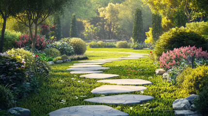Obraz premium A winding stone path meanders through a lush, green garden filled with vibrant flowers and manicured bushes on a bright, sunny day in the summertime.