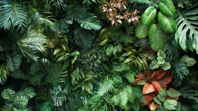 A lush vertical garden showcases a vibrant collection of tropical plants including monstera leaves and other diverse foliage creating a stunning natural wall display.
