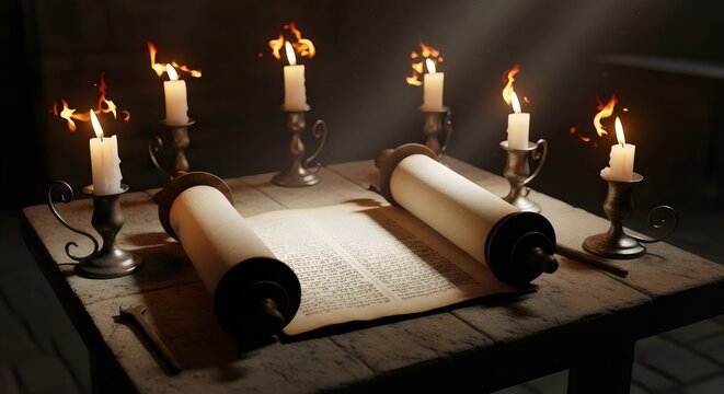 Ancient parchment scroll glowing under candlelight symbolizing faith, prayer, and divine knowledge