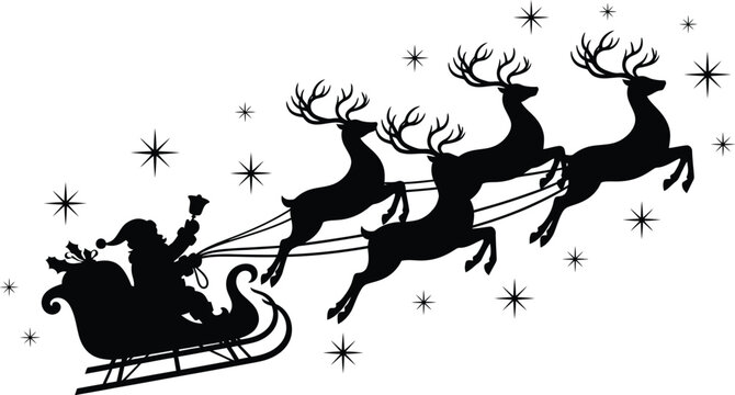 Santa claus and reindeer flying across a starry night sky