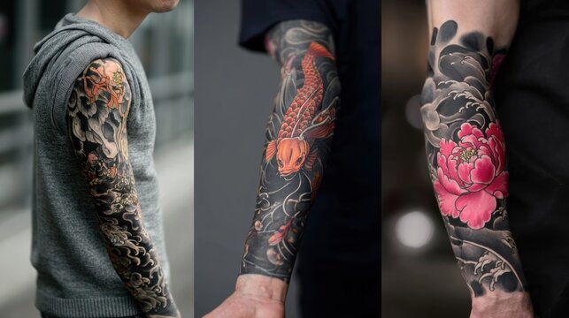 Collection of Japanese Style Full Sleeve Tattoos on Arms.