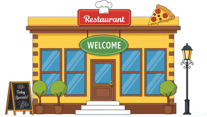 Obraz premium Modern restaurant building storefront illustration with welcome sign pizza slice icon chef hat and chalkboard menu for small business and dining concept isolated on white.