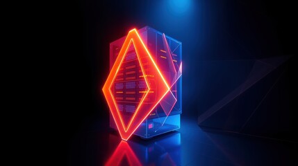 Fototapeta premium Futuristic computer tower glows with vibrant neon lights. Blue, red illumination creates dramatic visual effect. Modern design, sleek aesthetic.