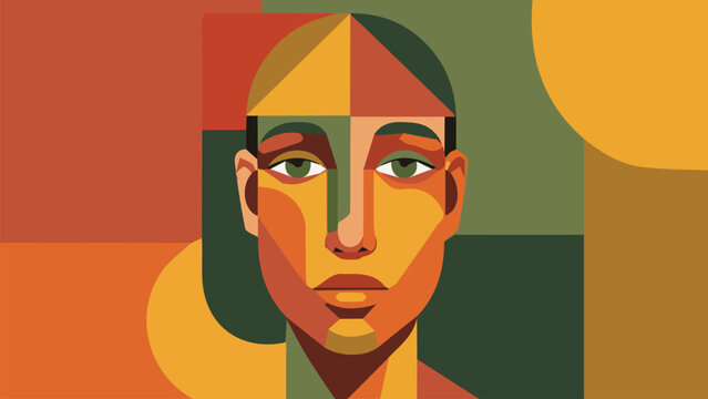 Abstract Geometric Portrait of a Person Rendered in Warm Earthy Tones and Contrasting Colors