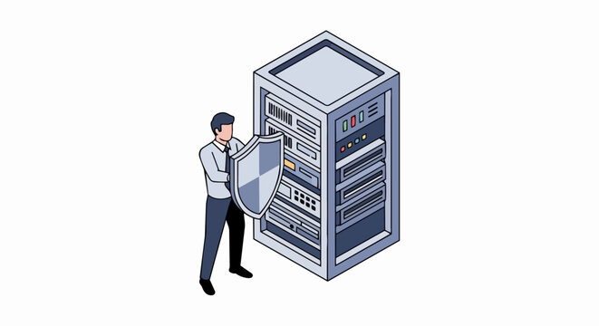 Cyber Security and Data Protection Concept: Professional IT Specialist Guarding Server Rack with a Shield
