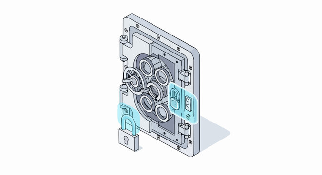 Isometric Bank Vault Door Illustration with Digital Security Lock Symbols for Cyber Security and Data Protection Concept