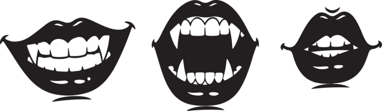 Collection of three black silhouette lips with sharp fangs, representing vampires, Halloween, horror, or a mysterious, seductive persona.