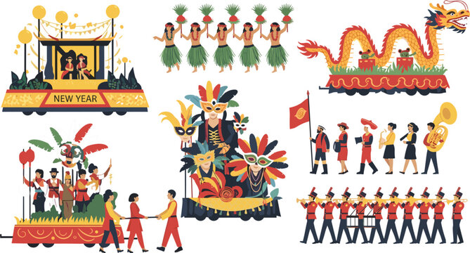 Set of global celebration icons and parade floats featuring Chinese New Year dragon Mardi Gras masks Hawaiian hula dancers and marching band for festive event design.