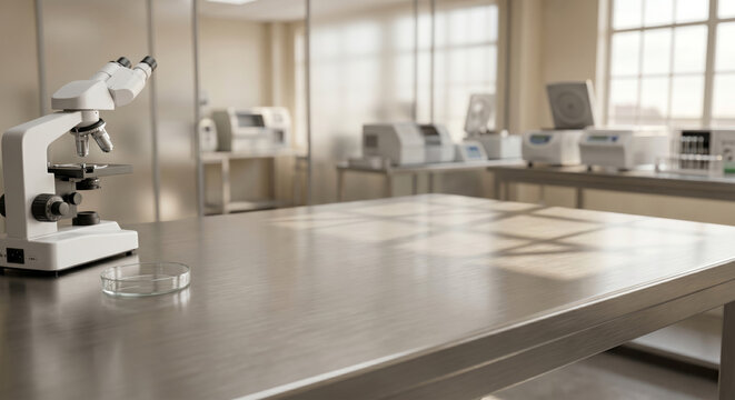 Empty stainless steel table surface in medical laboratory