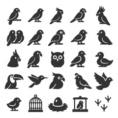 Fototapeta premium Collection of bird silhouettes featuring parrots, owls, and more.