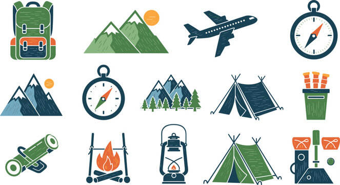 Set of outdoor travel and camping icons featuring mountains airplanes backpacks compasses tents campfires and lanterns for wilderness adventure and vacation recreation designs.
