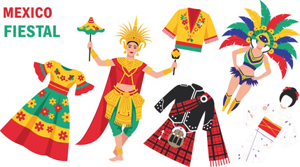 Fototapeta premium Set of traditional global costumes including Mexican fiesta dress Scottish kilt Japanese kimono Brazilian samba outfit and Thai dancer attire for cultural diversity projects.
