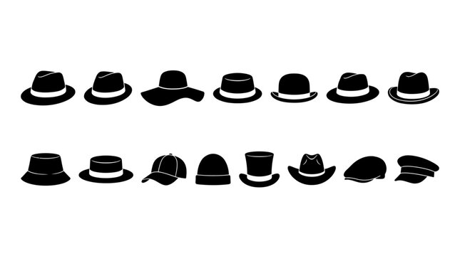 Hat Silhouettes Vector Collection on White Background Featuring Fedora, Trilby, Top Hat, Bowler, Pork Pie, Homburg, Cowboy Hat, Baseball Cap, Bucket Hat, Beret