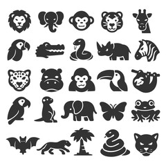 Fototapeta premium Silhouette icons of wild animals: lions, elephants, monkeys, parrots, tigers, reptiles.