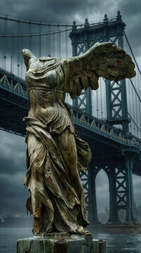 Winged Victory of Samothrace Nike statue in front of Manhattan Bridge NYC on a rainy stormy day