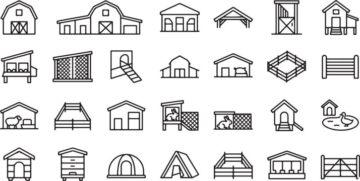 Farm buildings barn animal shelter stable coop greenhouse warehouse fence rural agriculture structure outline vector icon set livestock housing collection