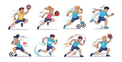 Fototapeta premium Children learning to ride bikes with training wheels in park illustration set