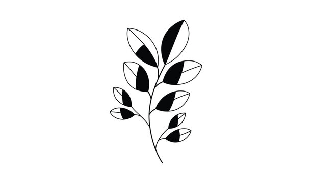 Minimalist Black and White Line Art Illustration of a Delicate Branch with Seven Leaves, Simple and Elegant Design on White Background