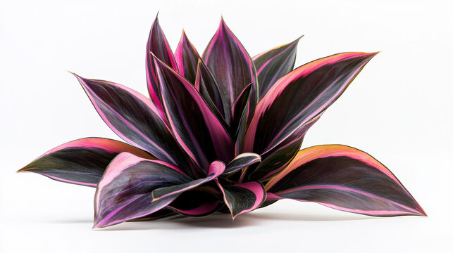 An isolated Ti plant Cordyline fruticosa displays vibrant pink and dark leaves in a stunning close up on a stark white background creating a dramatic tropical display.