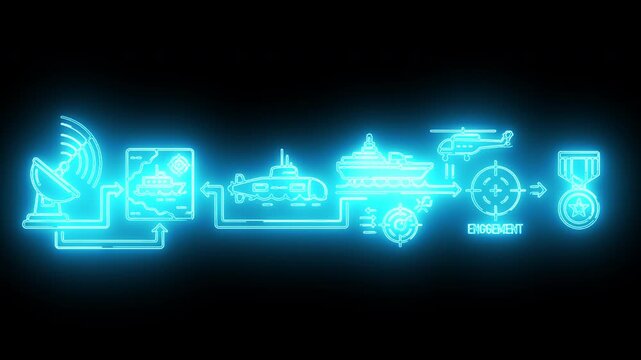 Glowing blue neon circuit diagram with various technology and transportation icons on a black background.