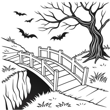 Bridge to the Hollow of Doom black and white coloring page of vector illustration