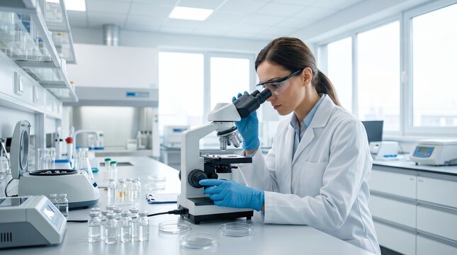 Drug development scientist using microscope in advanced pharmaceutical laboratory