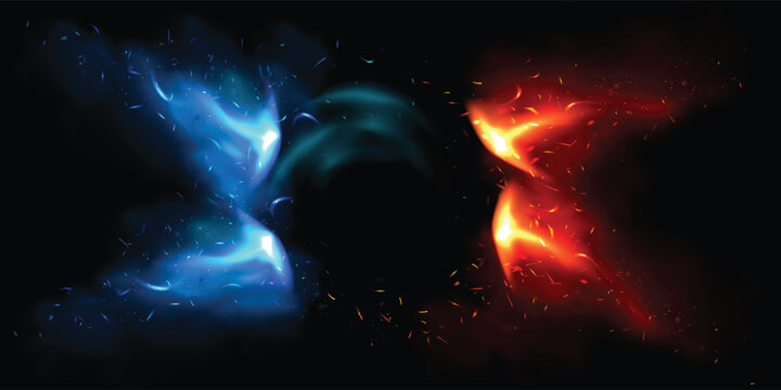 Dynamic cinematic blast of fire and ice with glowing embers, sparks, and smoke on a dark background. Powerful elemental contrast ideal for gaming, fantasy branding, and epic digital art.