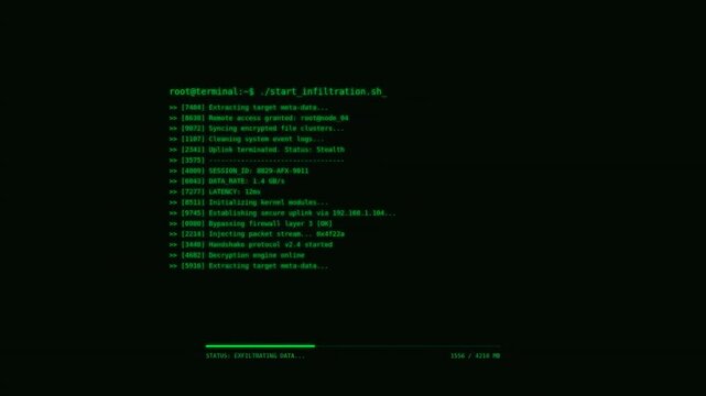A dark green terminal screen displaying a computer command line with progress bar loading