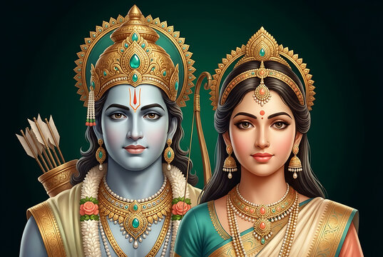 Portrait of devi sita and shree ram for sita navami and hindu festival puja with traditional jewelry and ornaments in divine spiritual atmosphere and art