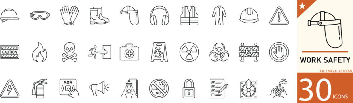  Work Safety line icon set for workplace protection, construction, helmet, hazard, warning, and safety rules. Editable vector icons for industrial projects, training materials, and safety guidelines