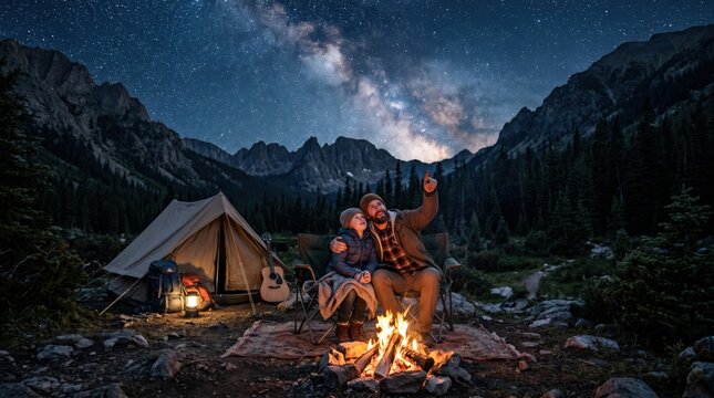 Father and son stargazing by a warm campfire in a mountain wilderness on father's day.