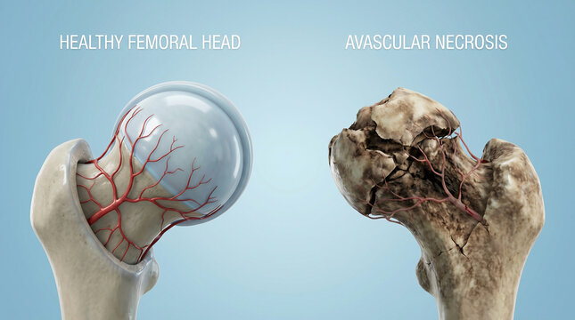 ​3D Medical Illustration of Healthy Femoral Head and Avascular Necrosis Pathology