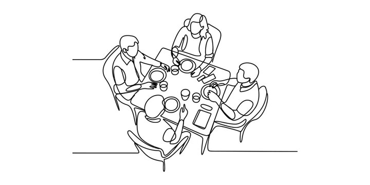 Continuous line drawing of four friends sitting at a dining table having dinner together Vector, illustration