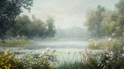 Fototapeta premium Serene lake with blooming flowers and lush trees shrouded in morning mist creates a tranquil and picturesque natural landscape perfect for relaxation.