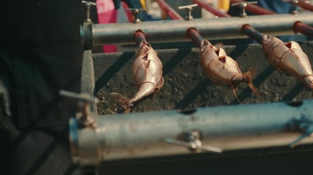 Fish grilling on skewers over hot coals at outdoor food festival. Preparation of traditional grilled seafood snack for healthy meal or street market cuisine menu.