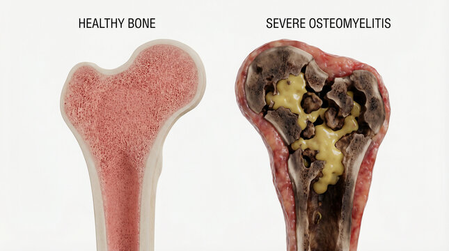 3D Bone Cross-Section: Healthy Bone vs Severe Osteomyelitis Infection