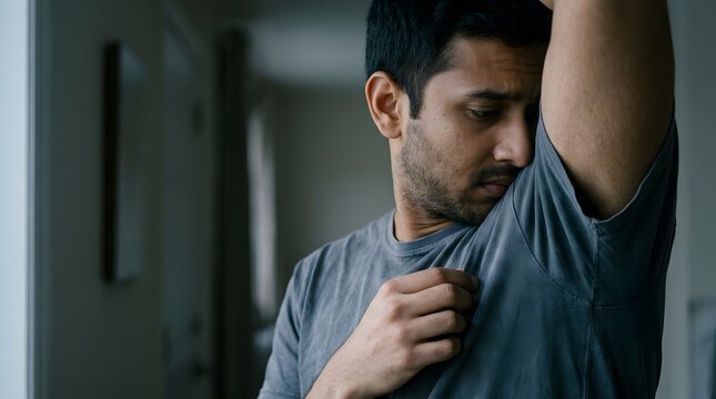 Young man smelling his sweaty armpit with bad body odor in a grey t-shirt, hygiene and care.