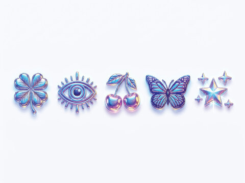 Shiny colorful icons of flower eye cherries butterfly and stars on white background