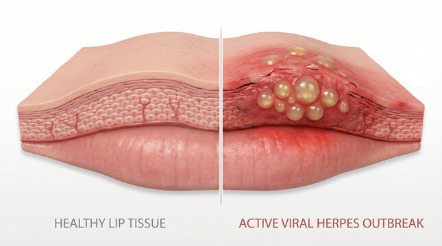 3D Medical Cross-Section of Healthy Lip and Active Viral Herpes Outbreak