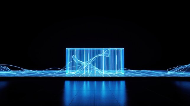 Glowing blue lines form rectangular prism, wavy patterns below. Dark background emphasizes bright light effects, creating futuristic scene.
