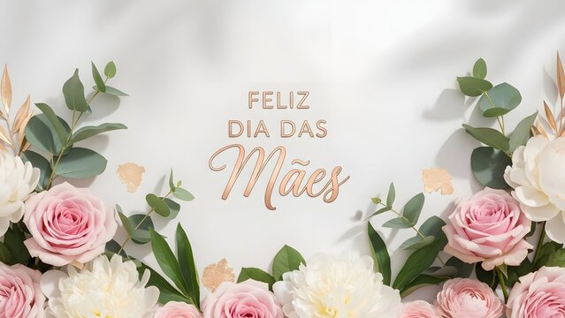 A beautiful floral arrangement for Mother's Day, with pastel-colored roses, foliage, and text Feliz Dia Das M&atilde;es.