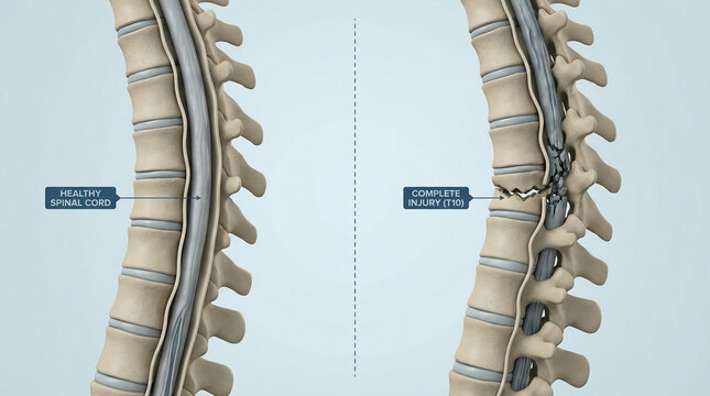 ​3D Medical Illustration of Healthy Spinal Cord Versus Complete T10 Trauma Injury