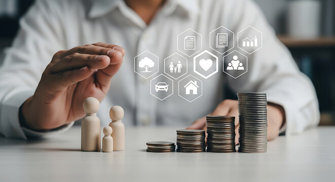 Financial security and protection for family and assets with stacked coins and protective hand