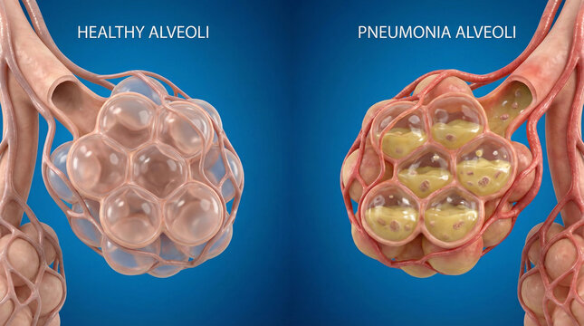 Healthy Lung Alveoli Versus Pneumonia Infection 3D Medical Concept