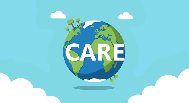 A cartoon illustration of the Earth with the word CARE written across it, set against a blue sky with clouds, symbolizing global environmental responsibility and care for the planet.