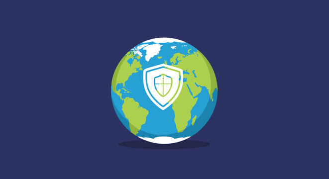 A global security concept illustration featuring a shield icon centered on a blue and green earth, symbolizing worldwide protection and digital safety.